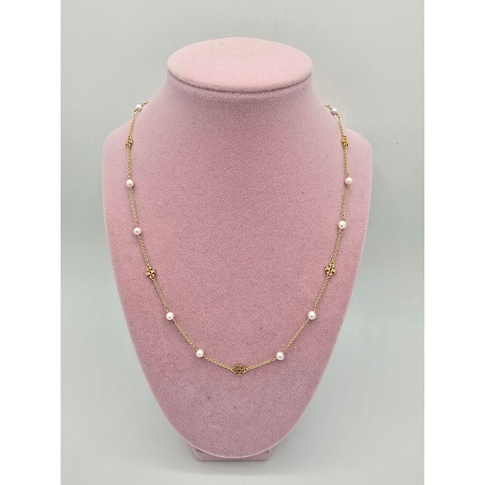 Tory Burch Moondance Long Pearl Necklace w/Cultured Pearls & Gold Tone Logos